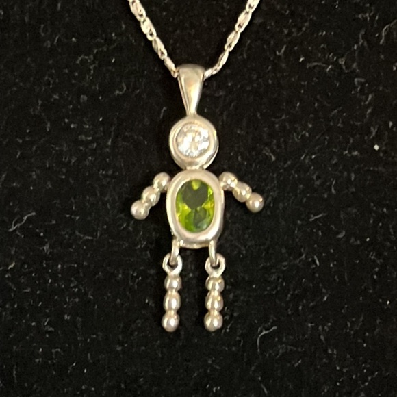 Sterling Silver Birthstone Girl/Boy Pendant~CZ & August Green Oval Stone - Picture 2 of 5